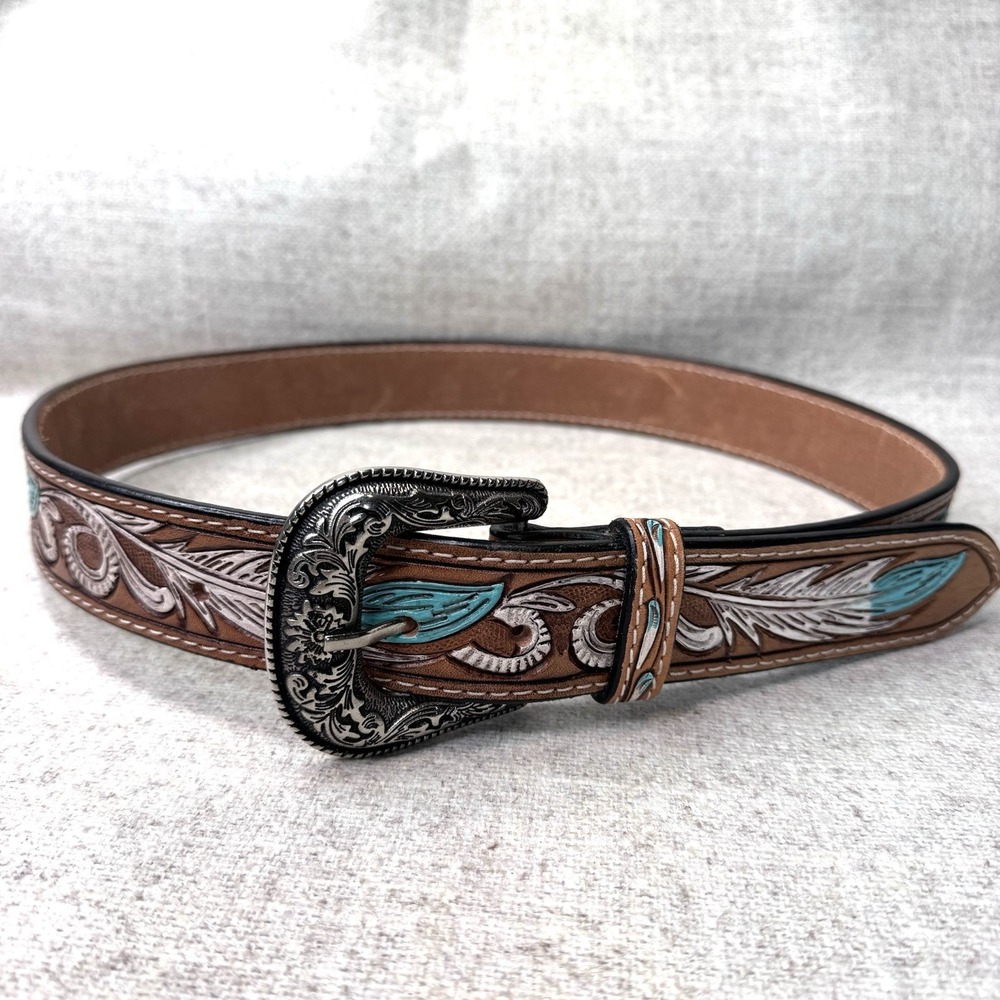 American Darling Hand Tooled Brown Leather Belt Feathers  Silver Buckle 32"